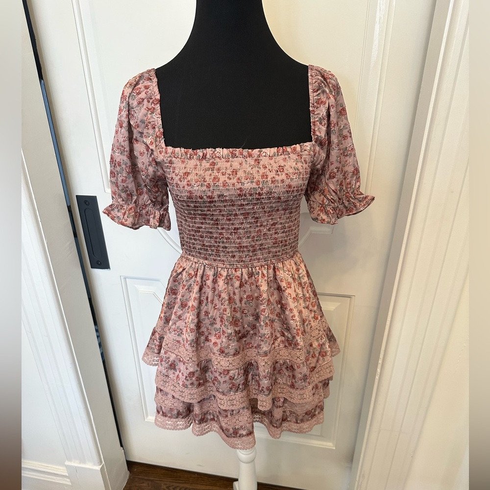 Altar’d State Floral Pink Smocked Dress Square Neck Lace Trim Tiered NWOT